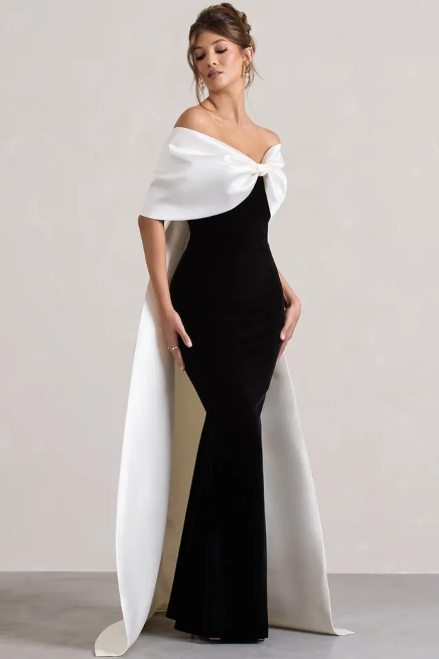 Wanting More | Black u0026 White Satin Cape Maxi Dress With Oversized Bow