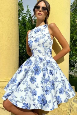 Waverly | Blue Floral Racer-Neck Sleeveless Skater Mini Dress