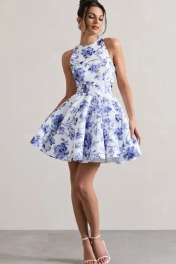 Waverly | Blue Floral Racer-Neck Sleeveless Skater Mini Dress