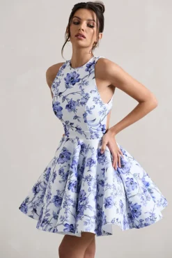 Waverly | Blue Floral Racer-Neck Sleeveless Skater Mini Dress
