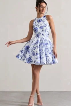 Waverly | Blue Floral Racer-Neck Sleeveless Skater Mini Dress