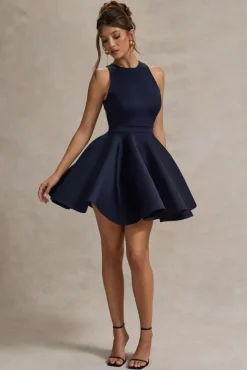 Waverly | Navy Racer-Neck Sleeveless Skater Mini Dress