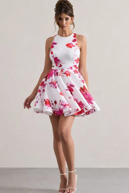 Waverly | Pink Floral Racer-Neck Sleeveless Skater Mini Dress