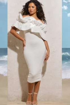 When In Rome | White Asymmetric Ruffle Midi Dress