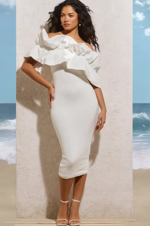 When In Rome | White Asymmetric Ruffle Midi Dress