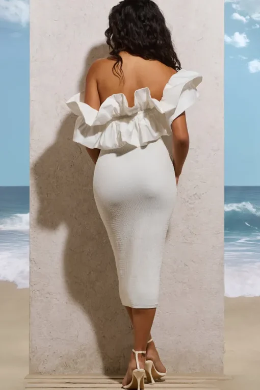 When In Rome | White Asymmetric Ruffle Midi Dress