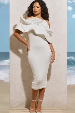 When In Rome | White Asymmetric Ruffle Midi Dress