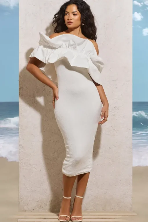 When In Rome | White Asymmetric Ruffle Midi Dress