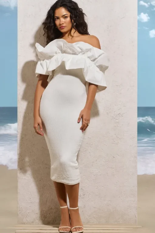 When In Rome | White Asymmetric Ruffle Midi Dress