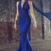 Whimsical | Blue Chiffon Plunge Fishtail Maxi Dress With Scarf Design
