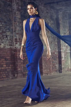 Whimsical | Blue Chiffon Plunge Fishtail Maxi Dress With Scarf Design