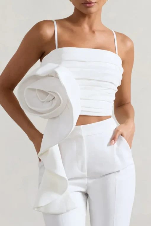 Whirlwind | White Strappy Top With Oversized Ruffle Detail