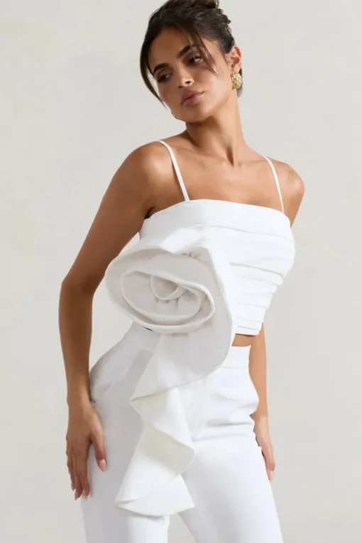 Whirlwind | White Strappy Top With Oversized Ruffle Detail