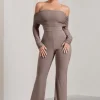 Whisper | Mocha Ruched Mesh Bardot Jumpsuit
