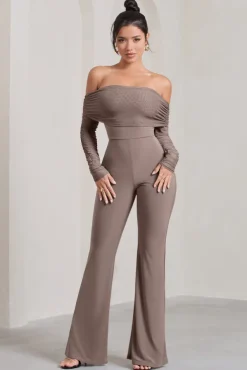 Whisper | Mocha Ruched Mesh Bardot Jumpsuit