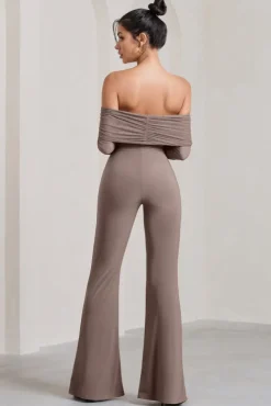 Whisper | Mocha Ruched Mesh Bardot Jumpsuit
