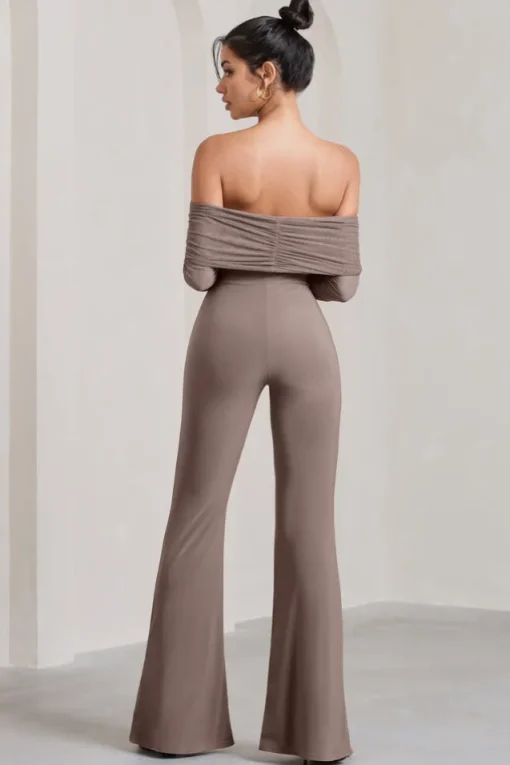 Whisper | Mocha Ruched Mesh Bardot Jumpsuit