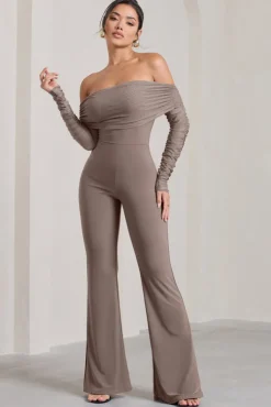 Whisper | Mocha Ruched Mesh Bardot Jumpsuit