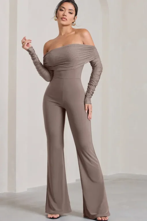Whisper | Mocha Ruched Mesh Bardot Jumpsuit