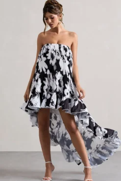 Whistler | Monochrome Floral Chiffon Bandeau High-Low Ruffled Maxi Dress