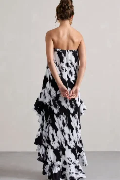 Whistler | Monochrome Floral Chiffon Bandeau High-Low Ruffled Maxi Dress