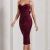 Whitney | Berry Velvet Floral Strappy Sweetheart Midi Dress