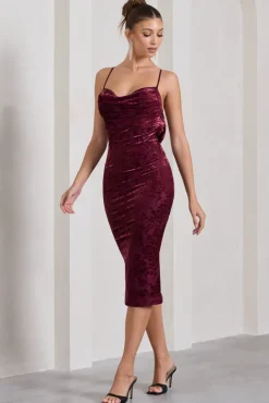 Whitney | Berry Velvet Floral Strappy Sweetheart Midi Dress