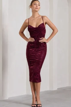 Whitney | Berry Velvet Floral Strappy Sweetheart Midi Dress