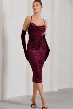 Whitney | Berry Velvet Floral Strappy Sweetheart Midi Dress