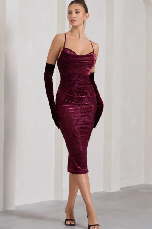 Whitney | Berry Velvet Floral Strappy Sweetheart Midi Dress