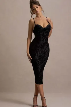 Whitney | Black Velvet Floral Strappy Sweetheart Midi Dress