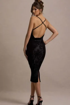 Whitney | Black Velvet Floral Strappy Sweetheart Midi Dress