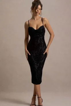 Whitney | Black Velvet Floral Strappy Sweetheart Midi Dress