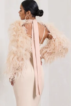 Wild | Champagne Satin Jacket With Long Feather Sleeves
