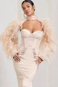 Wild | Champagne Satin Jacket With Long Feather Sleeves