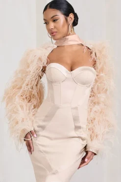 Wild | Champagne Satin Jacket With Long Feather Sleeves