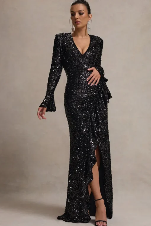 Wild Dream | Black Sequin Plunge-Neck Ruffle Split Maxi Dress