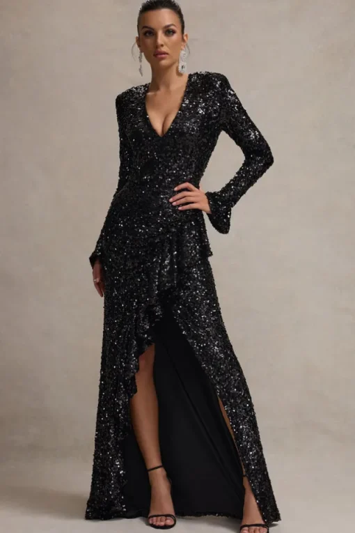Wild Dream | Black Sequin Plunge-Neck Ruffle Split Maxi Dress