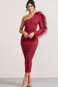 Wild One | Burgundy One-Shoulder Bodycon Midi Dress With Feather-Trimmed Sleeve