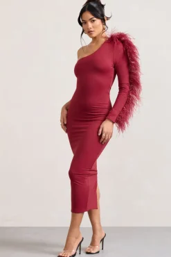 Wild One | Burgundy One-Shoulder Bodycon Midi Dress With Feather-Trimmed Sleeve