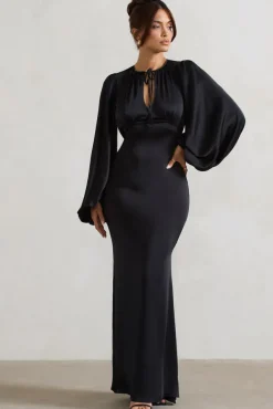 Wild Rose | Black Satin Puff-Sleeve Cut-Out Maxi Dress