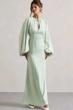 Wild Rose | Light Green Puff-Sleeve Cut-Out Maxi Dress