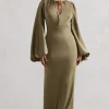 Wild Rose | Olive Satin Puff-Sleeve Cut-Out Maxi Dress