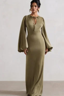 Wild Rose | Olive Satin Puff-Sleeve Cut-Out Maxi Dress