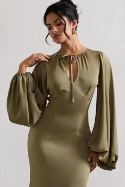 Wild Rose | Olive Satin Puff-Sleeve Cut-Out Maxi Dress
