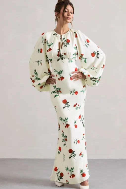 Wild Rose | Rose Print Satin Puff-Sleeve Cut-Out Maxi Dress
