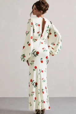 Wild Rose | Rose Print Satin Puff-Sleeve Cut-Out Maxi Dress