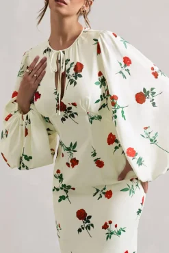 Wild Rose | Rose Print Satin Puff-Sleeve Cut-Out Maxi Dress