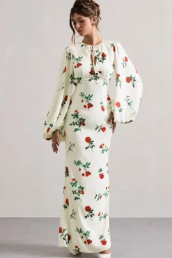 Wild Rose | Rose Print Satin Puff-Sleeve Cut-Out Maxi Dress