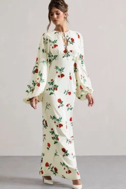 Wild Rose | Rose Print Satin Puff-Sleeve Cut-Out Maxi Dress